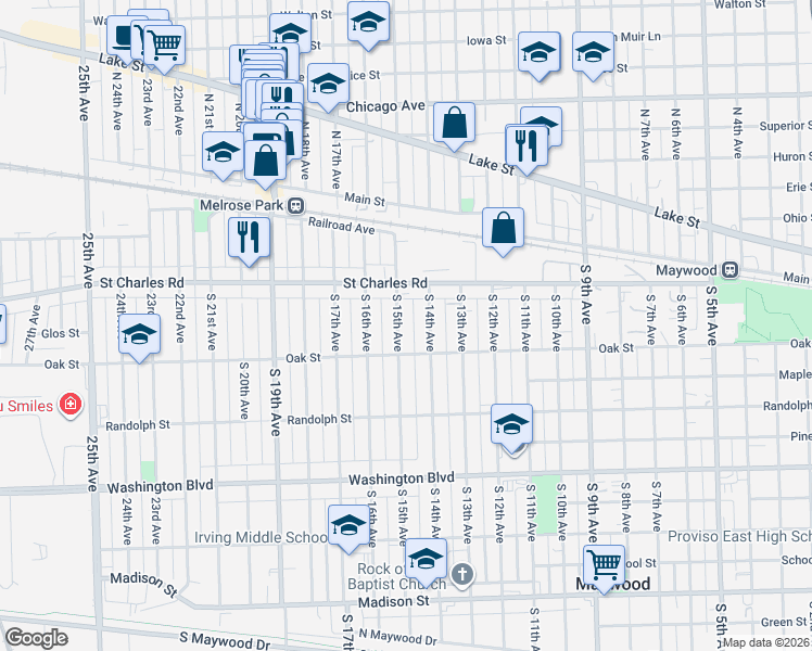 map of restaurants, bars, coffee shops, grocery stores, and more near 114 South 15th Avenue in Maywood