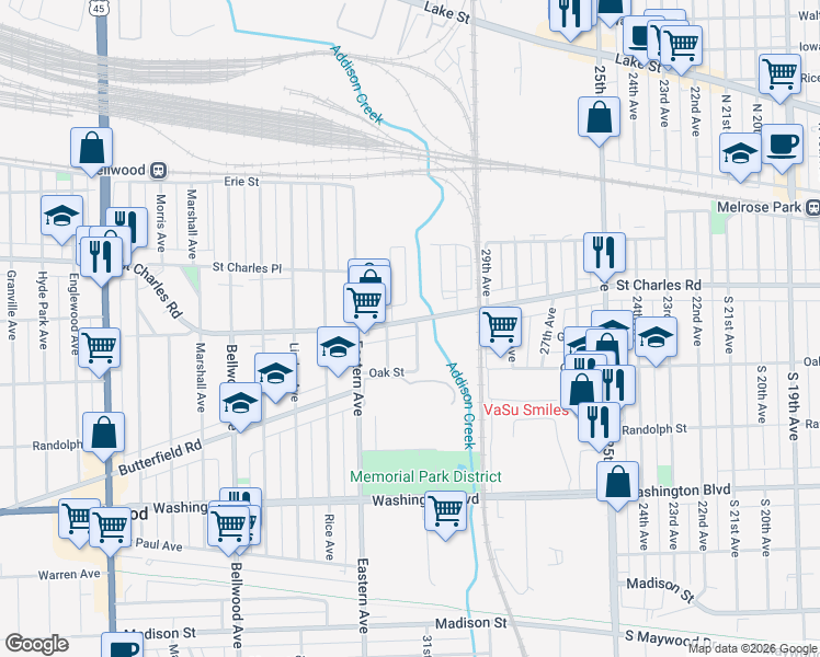 map of restaurants, bars, coffee shops, grocery stores, and more near 245 Zuelke Drive in Bellwood
