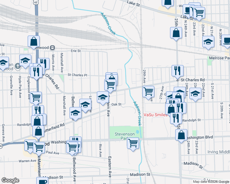 map of restaurants, bars, coffee shops, grocery stores, and more near 242 32nd Avenue in Bellwood