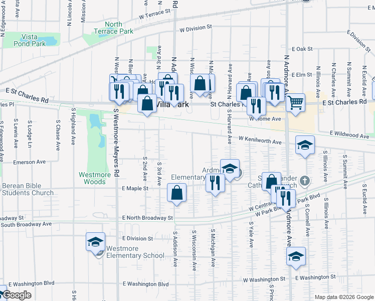map of restaurants, bars, coffee shops, grocery stores, and more near 109 South Wisconsin Avenue in Villa Park
