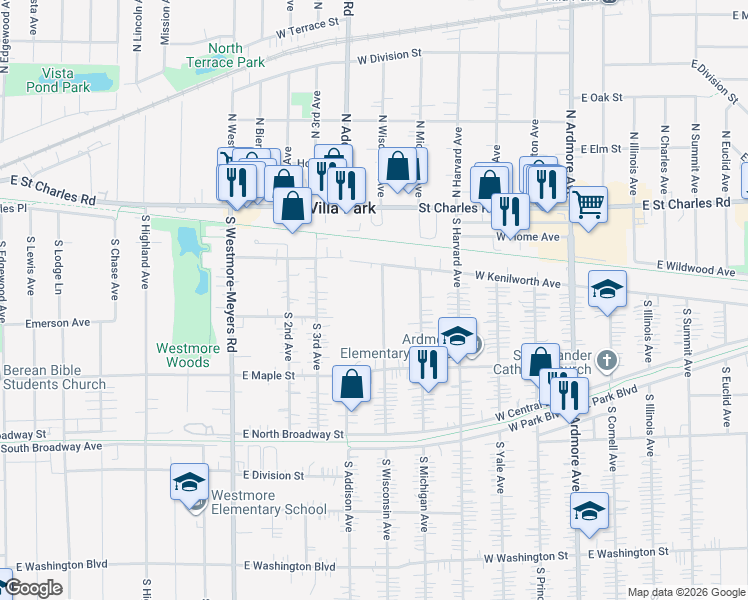 map of restaurants, bars, coffee shops, grocery stores, and more near 109 South Wisconsin Avenue in Villa Park