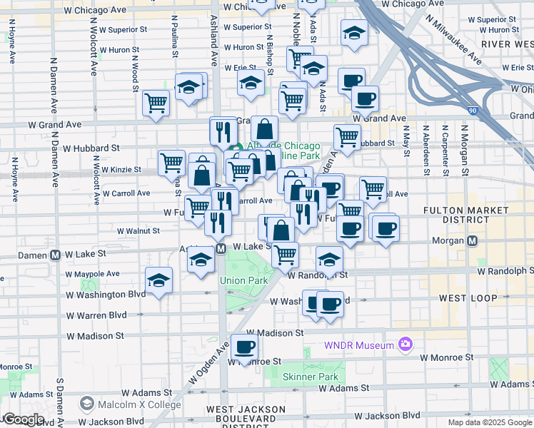 map of restaurants, bars, coffee shops, grocery stores, and more near 1502 West Carroll Avenue in Chicago