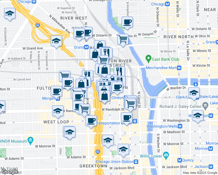 map of restaurants, bars, coffee shops, grocery stores, and more near 670 West Wayman Street in Chicago