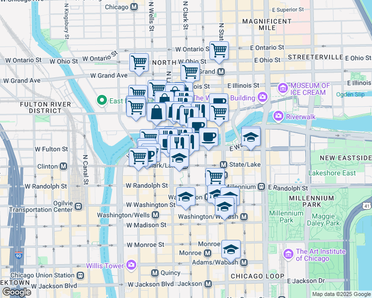 map of restaurants, bars, coffee shops, grocery stores, and more near 111 West Wacker Drive in Chicago