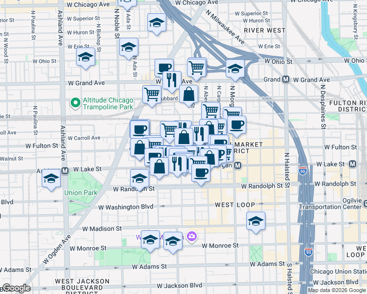 map of restaurants, bars, coffee shops, grocery stores, and more near 326 North Racine Avenue in Chicago