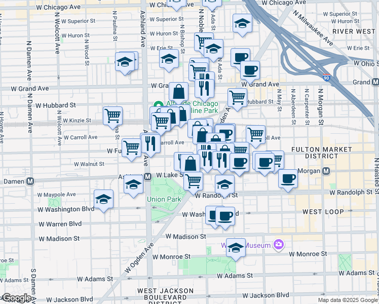 map of restaurants, bars, coffee shops, grocery stores, and more near 1410 West Carroll Avenue in Chicago
