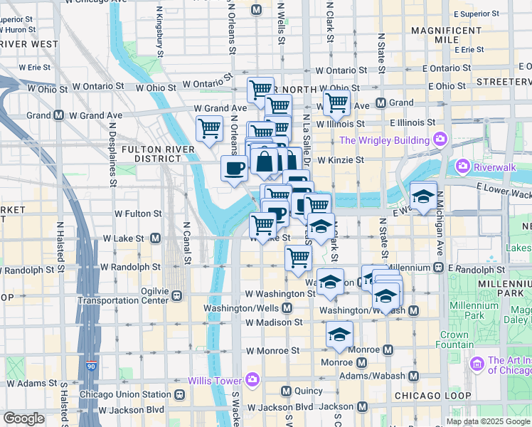 map of restaurants, bars, coffee shops, grocery stores, and more near 299 North Wells Street in Chicago