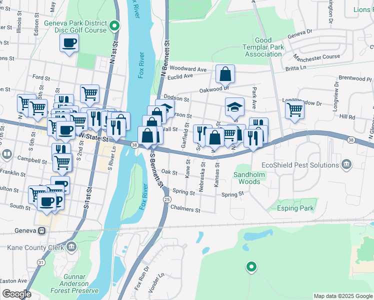 map of restaurants, bars, coffee shops, grocery stores, and more near 31 Garfield Street in Geneva