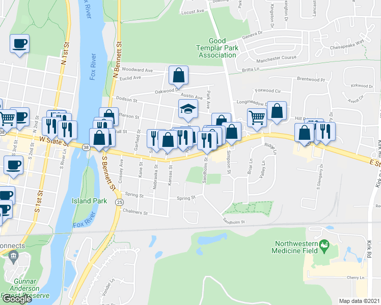 map of restaurants, bars, coffee shops, grocery stores, and more near 125 North Harrison Street in Geneva