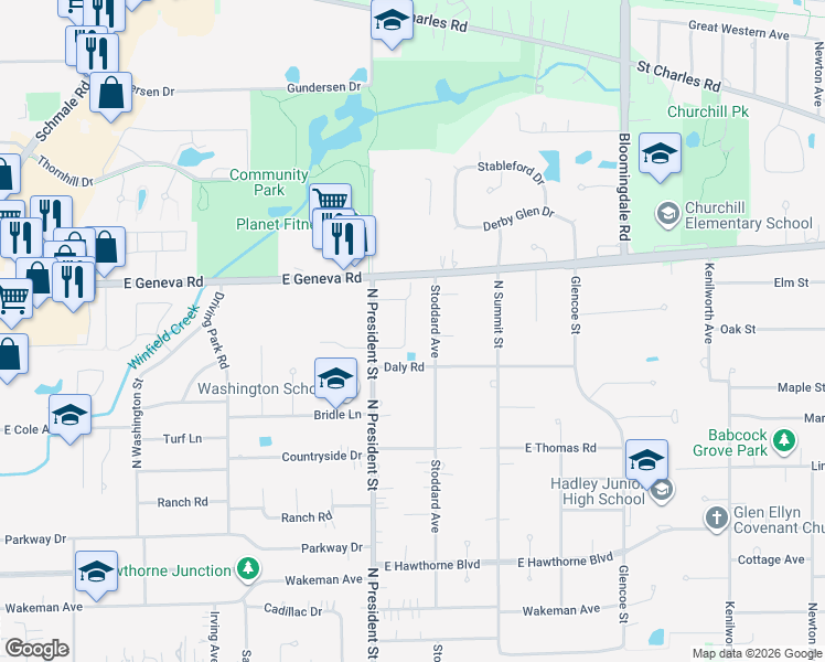 map of restaurants, bars, coffee shops, grocery stores, and more near 2041 Mackenzie Place in Wheaton