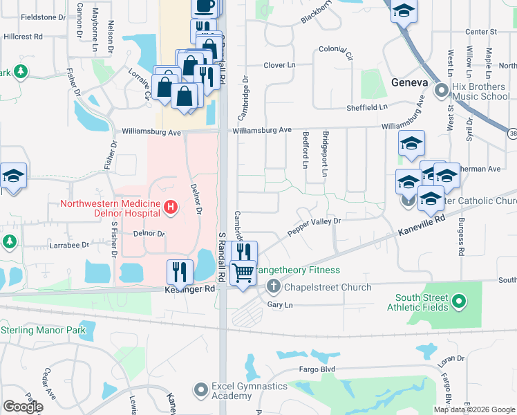 map of restaurants, bars, coffee shops, grocery stores, and more near 2306 Brookway Drive in Geneva