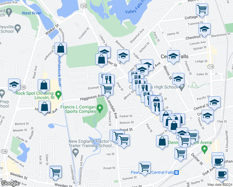 map of restaurants, bars, coffee shops, grocery stores, and more near 25 Park Street in Central Falls