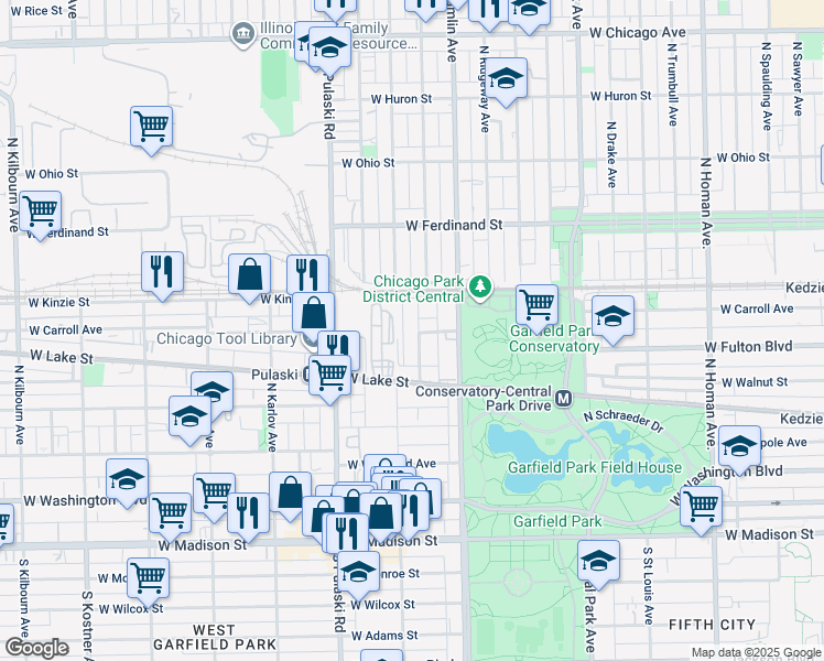 map of restaurants, bars, coffee shops, grocery stores, and more near 378 North Avers Avenue in Chicago