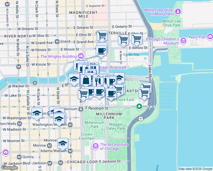 map of restaurants, bars, coffee shops, grocery stores, and more near in Chicago