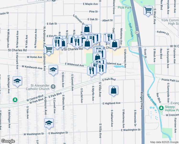 map of restaurants, bars, coffee shops, grocery stores, and more near 1926 South Myrtle Avenue in Villa Park