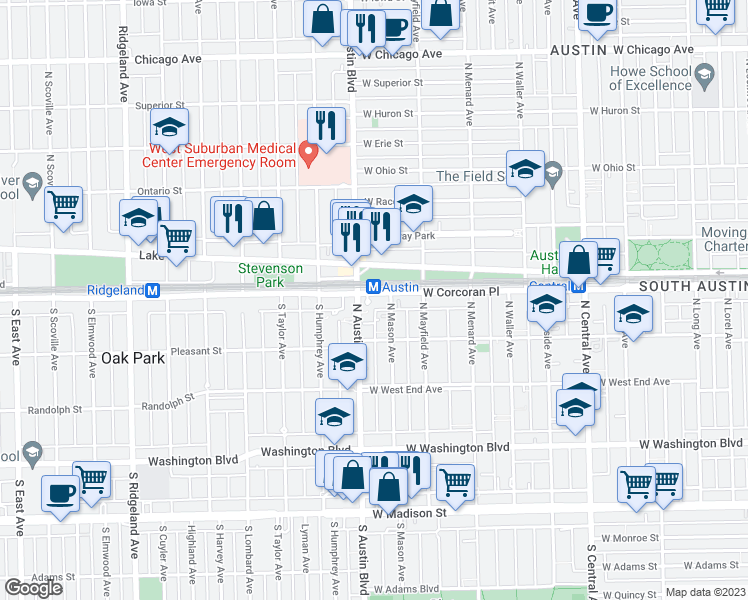 map of restaurants, bars, coffee shops, grocery stores, and more near 345 North Austin Boulevard in Chicago