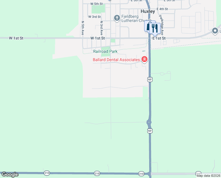 map of restaurants, bars, coffee shops, grocery stores, and more near South 3rd Avenue in Huxley