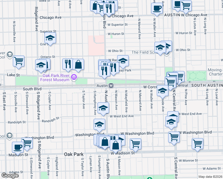 map of restaurants, bars, coffee shops, grocery stores, and more near 345 North Austin Boulevard in Chicago