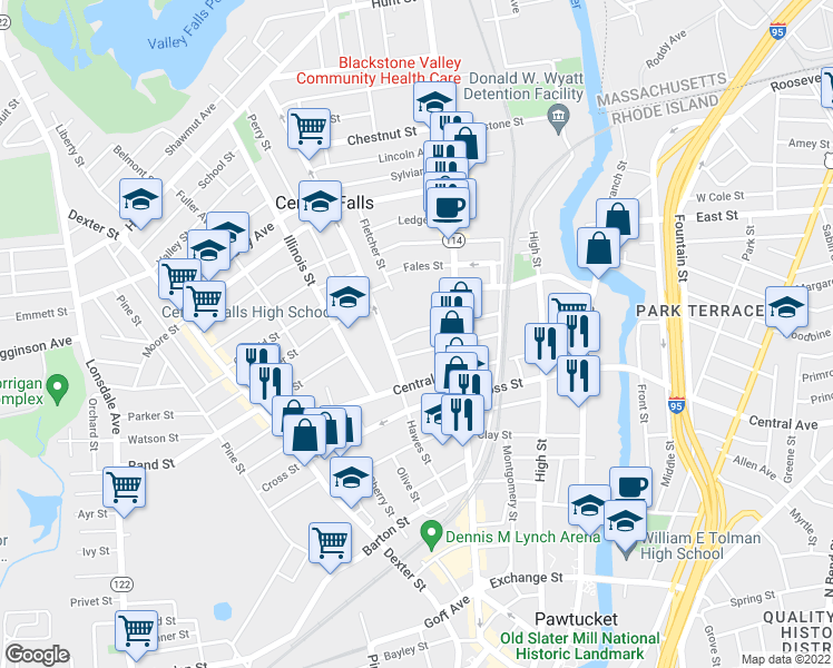 map of restaurants, bars, coffee shops, grocery stores, and more near 104 Summit Street in Central Falls