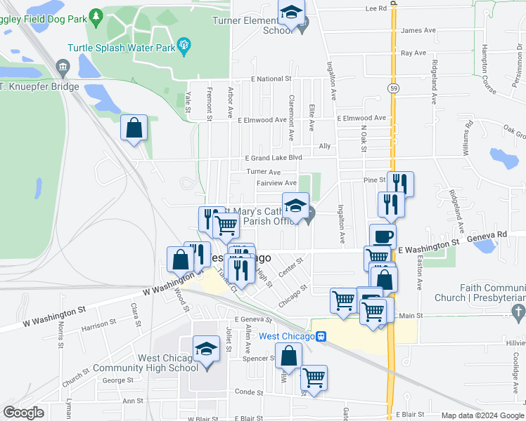 map of restaurants, bars, coffee shops, grocery stores, and more near 308 East York Avenue in West Chicago