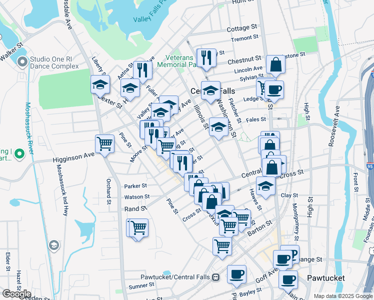 map of restaurants, bars, coffee shops, grocery stores, and more near 77 Garfield Street in Central Falls