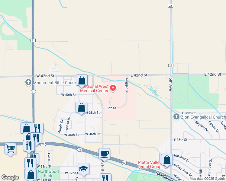 map of restaurants, bars, coffee shops, grocery stores, and more near 4021 Avenue B in Scottsbluff