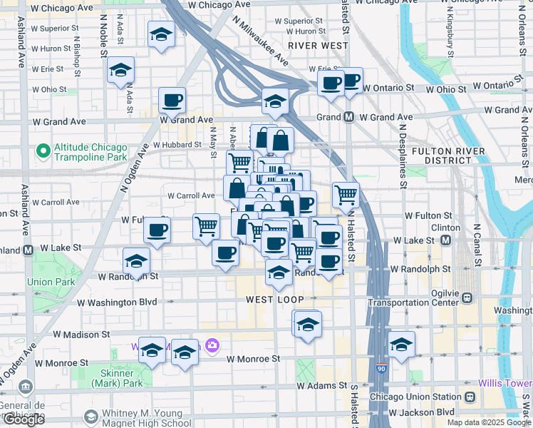 map of restaurants, bars, coffee shops, grocery stores, and more near 1000 West Fulton Street in Chicago