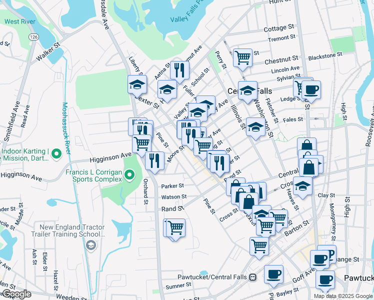 map of restaurants, bars, coffee shops, grocery stores, and more near 364 Cowden Street in Central Falls