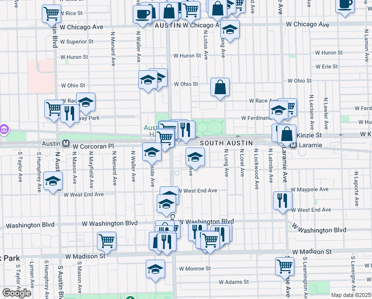 map of restaurants, bars, coffee shops, grocery stores, and more near 5500 West Corcoran Place in Chicago