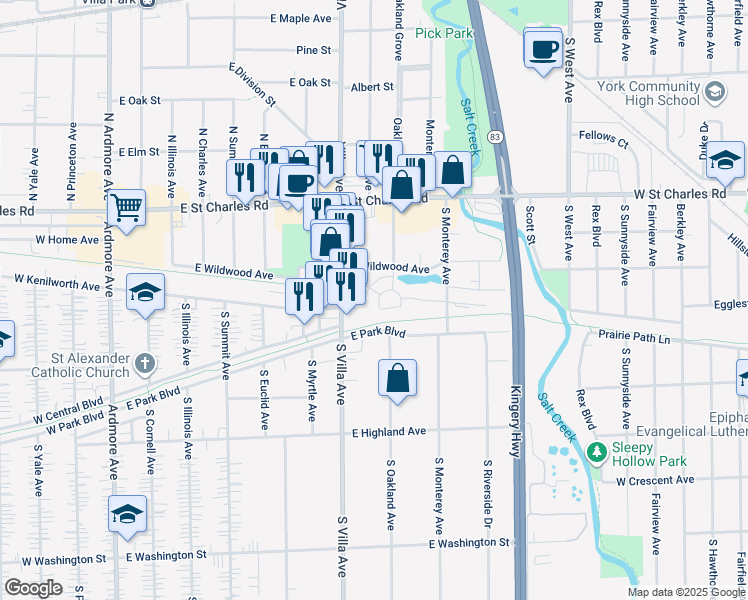 map of restaurants, bars, coffee shops, grocery stores, and more near 1 Ovaltine Court in Villa Park