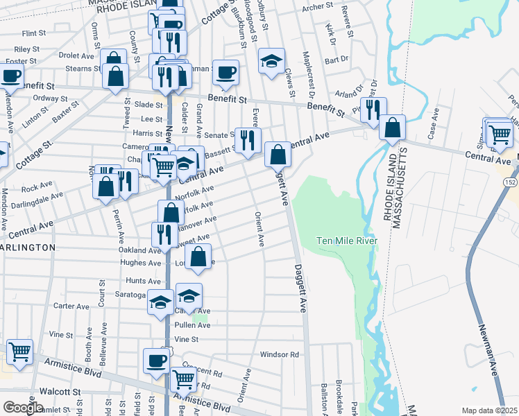 map of restaurants, bars, coffee shops, grocery stores, and more near 237 Suffolk Avenue in Pawtucket