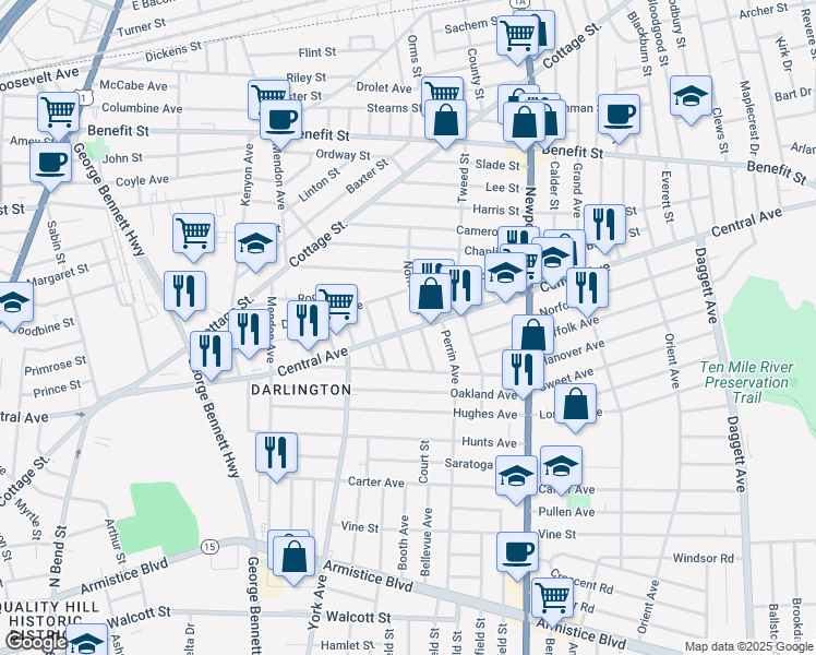 map of restaurants, bars, coffee shops, grocery stores, and more near 51 Makin Street in Pawtucket