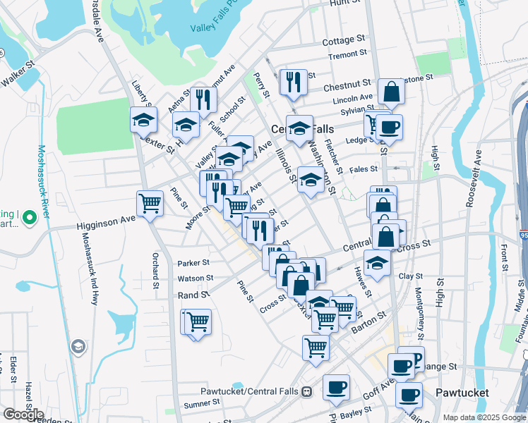 map of restaurants, bars, coffee shops, grocery stores, and more near 45 Fuller Avenue in Central Falls