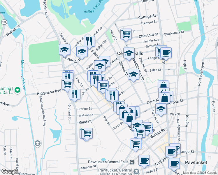 map of restaurants, bars, coffee shops, grocery stores, and more near 96 Sumner Avenue in Central Falls