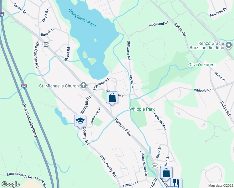 map of restaurants, bars, coffee shops, grocery stores, and more near 15 Higgins Street in Smithfield