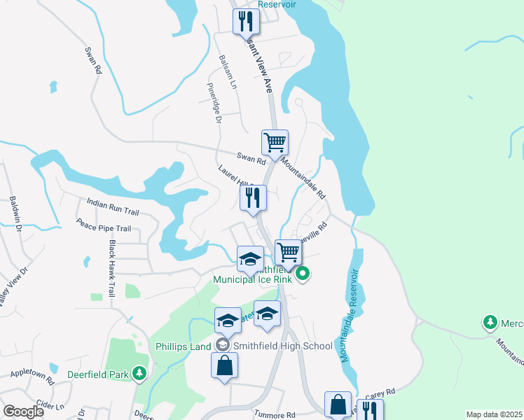 map of restaurants, bars, coffee shops, grocery stores, and more near 4 Laurel Hill Drive in Smithfield