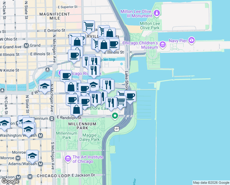 map of restaurants, bars, coffee shops, grocery stores, and more near 500 East Lower Wacker Drive in Chicago