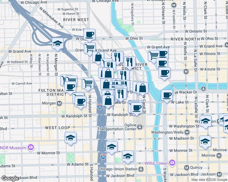 map of restaurants, bars, coffee shops, grocery stores, and more near 324 North Jefferson Street in Chicago