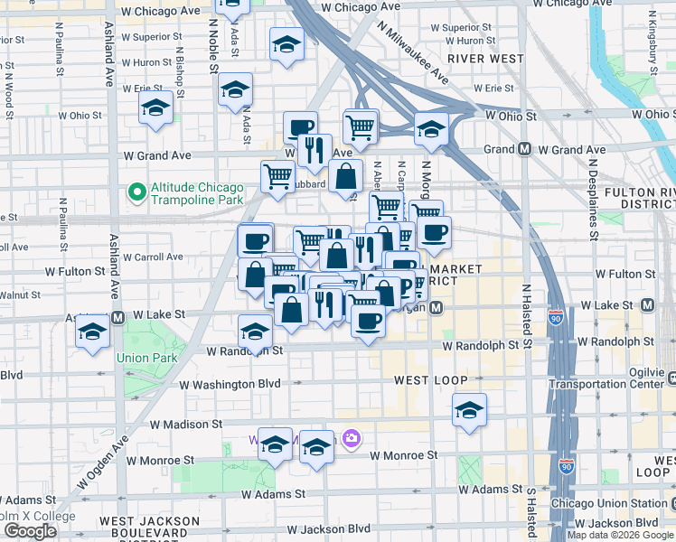 map of restaurants, bars, coffee shops, grocery stores, and more near 326 North Racine Avenue in Chicago