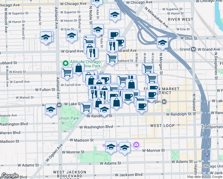 map of restaurants, bars, coffee shops, grocery stores, and more near 1305 West Carroll Avenue in Chicago