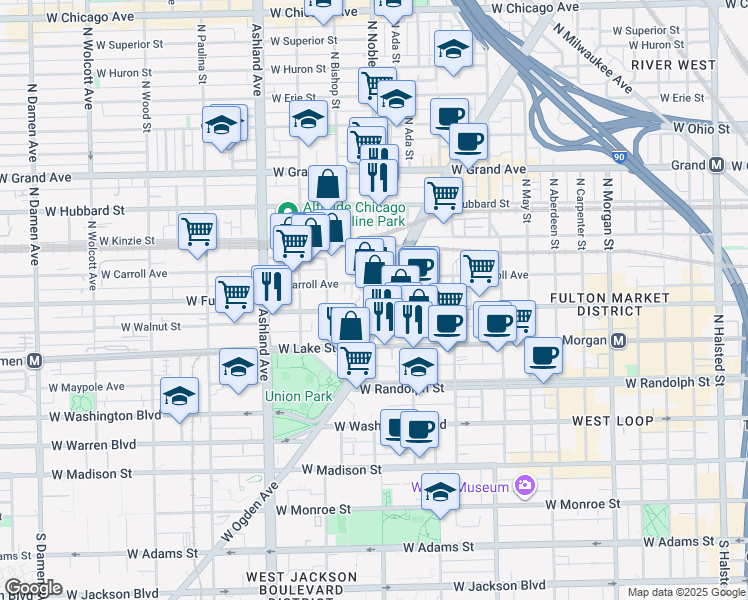map of restaurants, bars, coffee shops, grocery stores, and more near 1410 West Carroll Avenue in Chicago