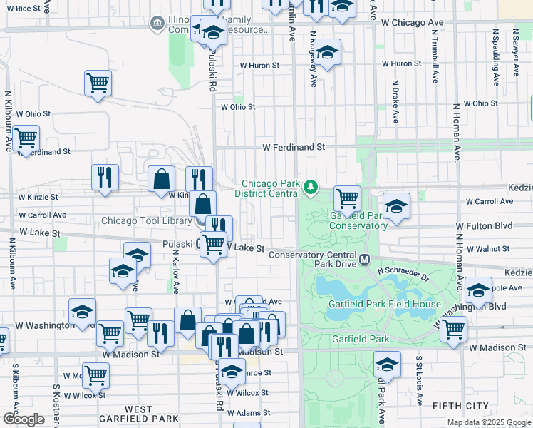 map of restaurants, bars, coffee shops, grocery stores, and more near 378 North Avers Avenue in Chicago