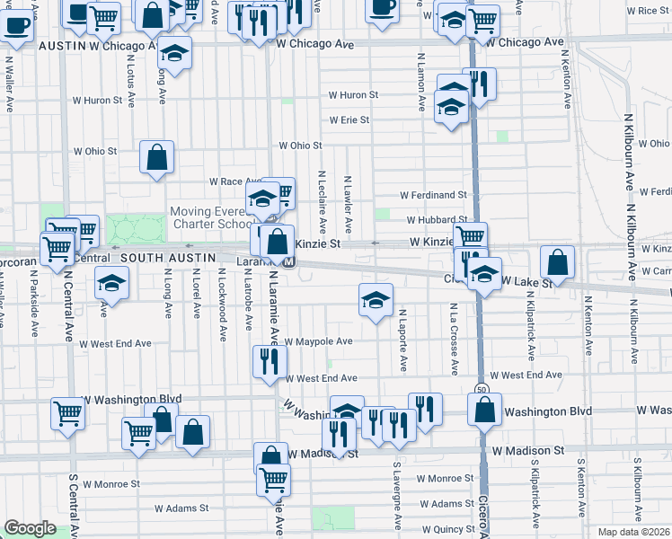 map of restaurants, bars, coffee shops, grocery stores, and more near 5125 West Lake Street in Chicago