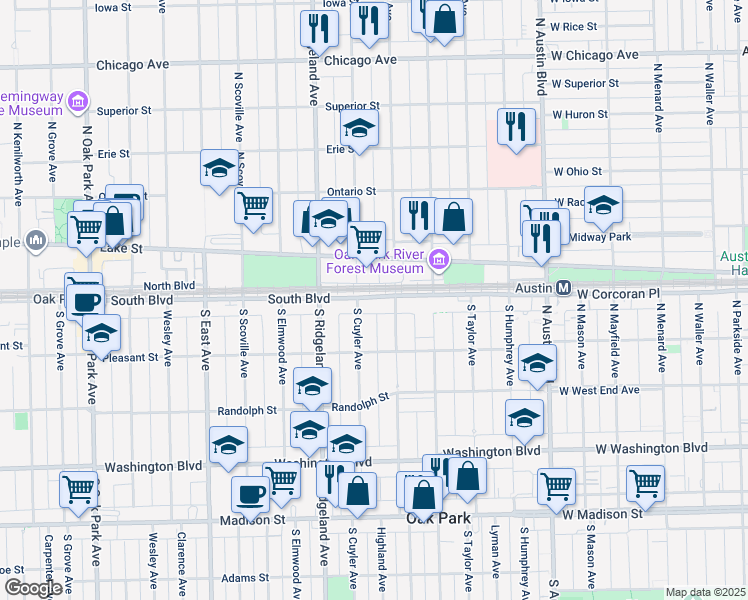 map of restaurants, bars, coffee shops, grocery stores, and more near in Oak Park