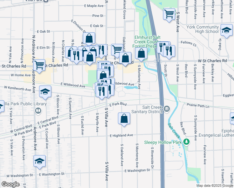 map of restaurants, bars, coffee shops, grocery stores, and more near 500 Ovaltine Court in Villa Park