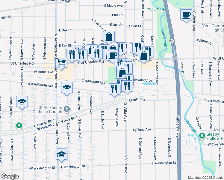 map of restaurants, bars, coffee shops, grocery stores, and more near 1926 South Myrtle Avenue in Villa Park