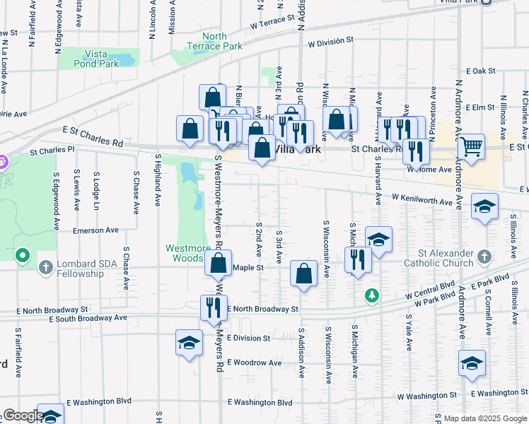 map of restaurants, bars, coffee shops, grocery stores, and more near 60 South 2nd Avenue in Lombard