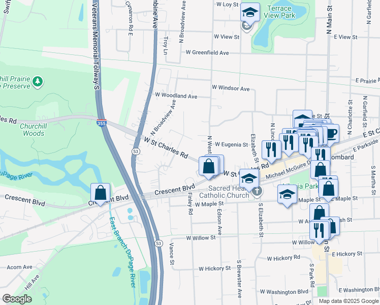 map of restaurants, bars, coffee shops, grocery stores, and more near 25 North Glenview Avenue in Lombard