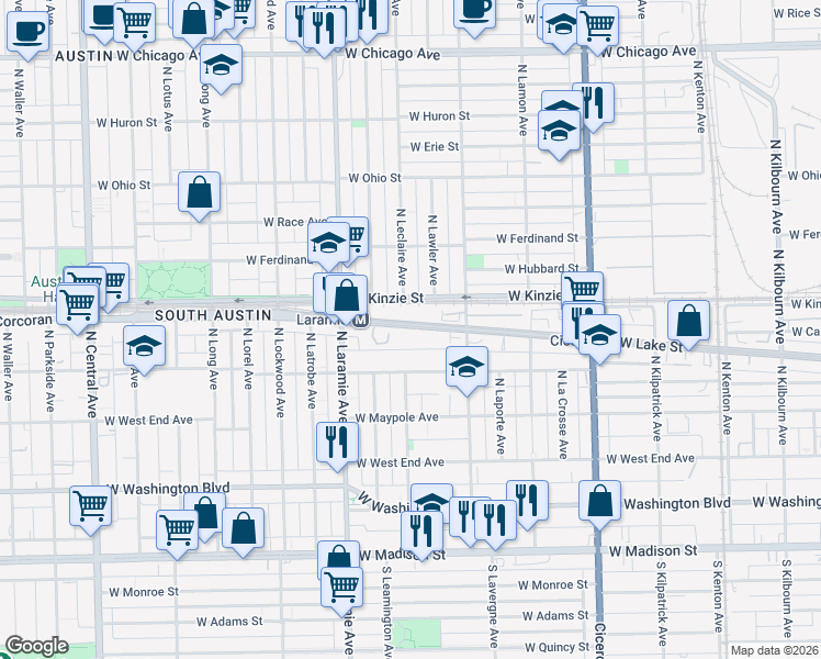map of restaurants, bars, coffee shops, grocery stores, and more near 5100 West Lake Street in Chicago