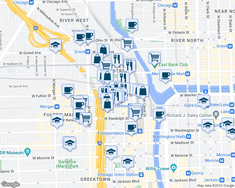 map of restaurants, bars, coffee shops, grocery stores, and more near 616 West Fulton Market in Chicago